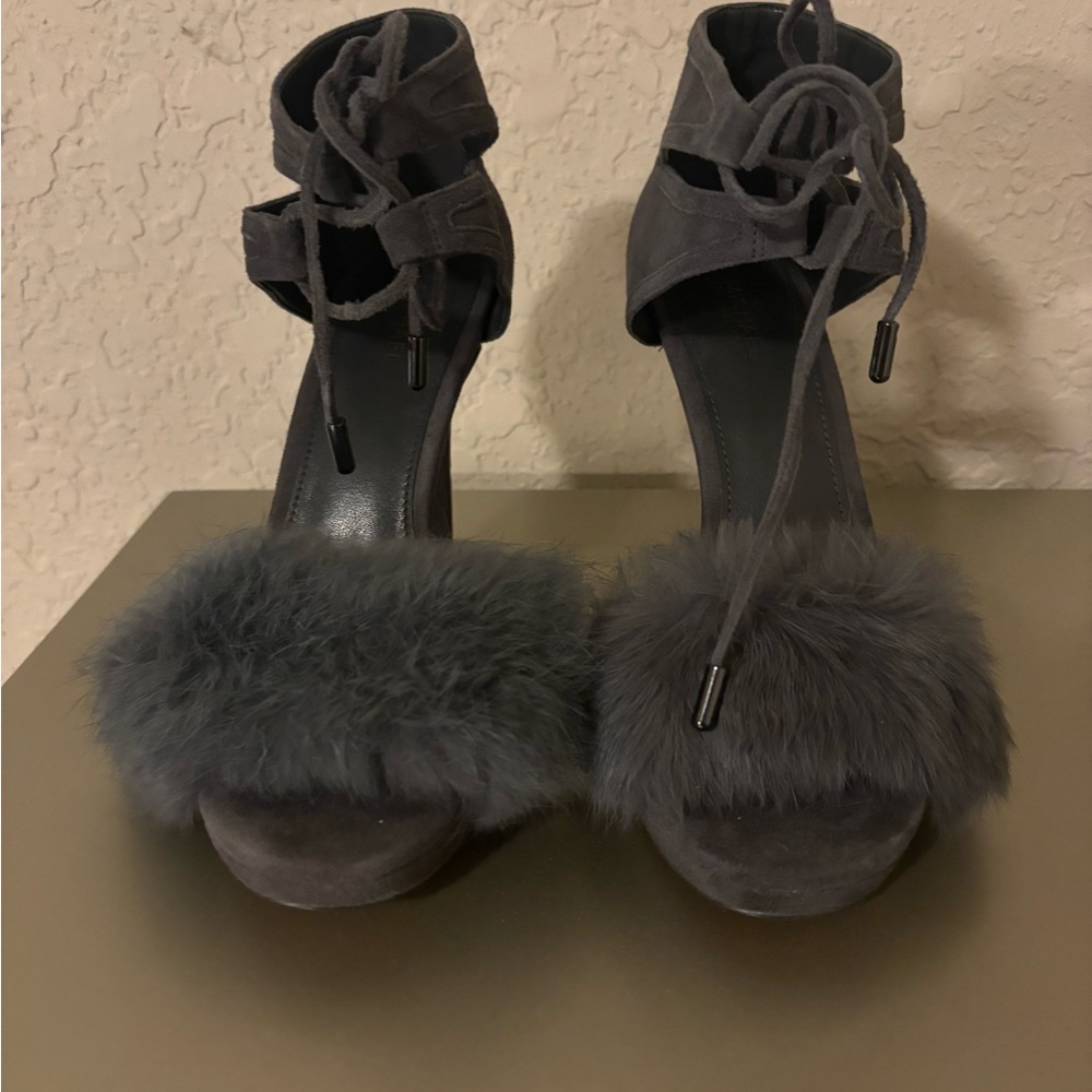 Michael Kors Grey Rabbit Fur Trimmed 3inch Heels fur Sandals heels size 7